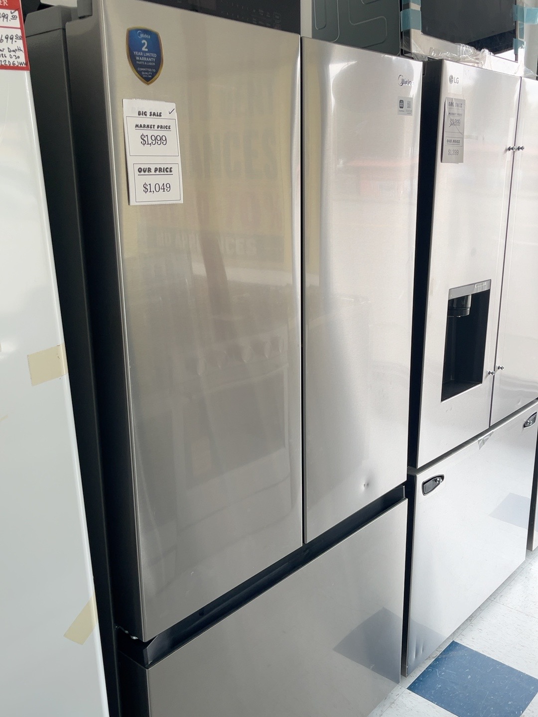 Actual Midea Counter-Depth PLUS 26.5-cu ft 36-in Wide French Door Refrigerator with Dual Ice Maker ( Stainless Steel ) ENERGY STAR Model #MRF27I6BST in the MD Appliances showroom