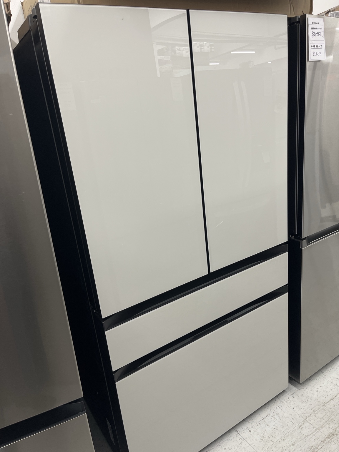 Actual Samsung Bespoke 23 Cu. Ft. Counter-Depth 4-Door French Door Refrigerator in White Glass – Model RF23BB860012AA in the MD Appliances showroom