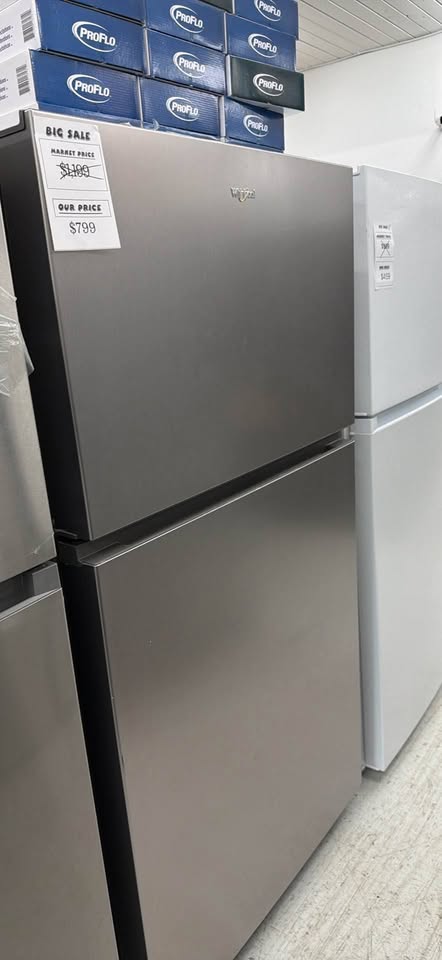 Actual Whirlpool 21.3-cu ft Standard-Depth 33-in Wide Top-Freezer Refrigerator ( Fingerprint-Resistant Stainless Finish ) Garage Ready ENERGY STAR Certified – Model WRTX5421TZ in the MD Appliances showroom